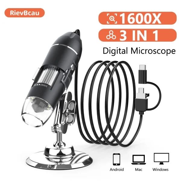 RIEVBCAU 1600X Digital Microscope 3in1 Type C USB Professional Electronic Microscope With 8 LED Endoscope Zoom Camera Magnifier | Professional Grade | Bulk Available