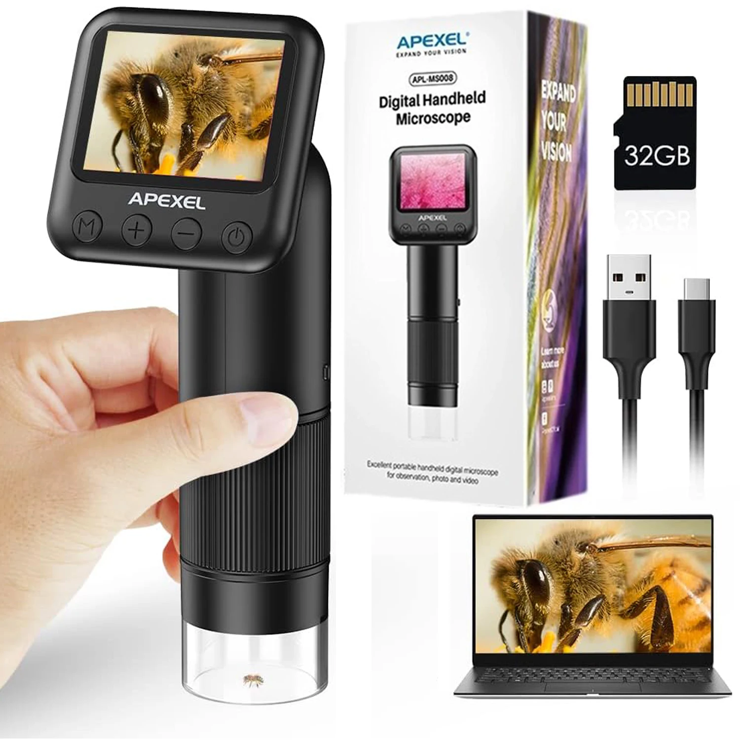 Microscope Numérique Portable 500X - 2MP, HD 1920x1080 - Écran 2 Pouces, 8 LEDs - Compatible PC Via USB-C - Pour Enfants, Adultes, Hobbyistes