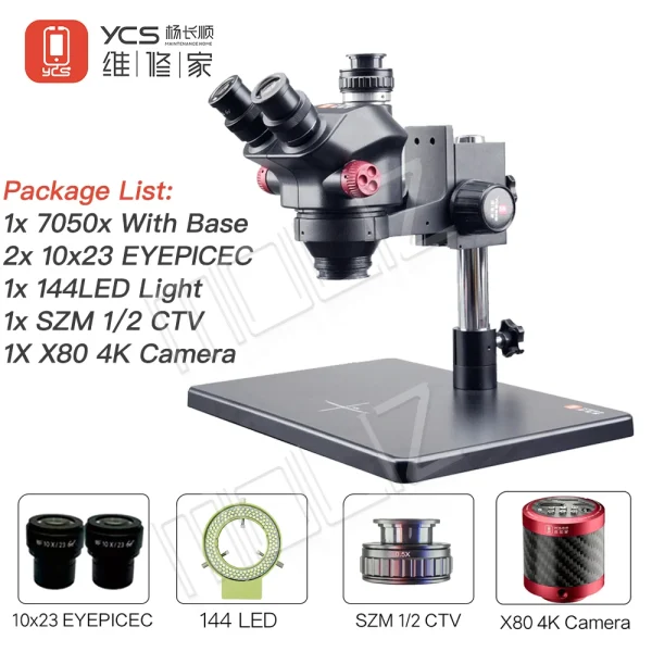 YCS 7050X HD Trinocular Microscope with Large Base, 7-50X Zoom, 4K Camera for Mobile Phone PCB Welding, and Microscope Tools Set